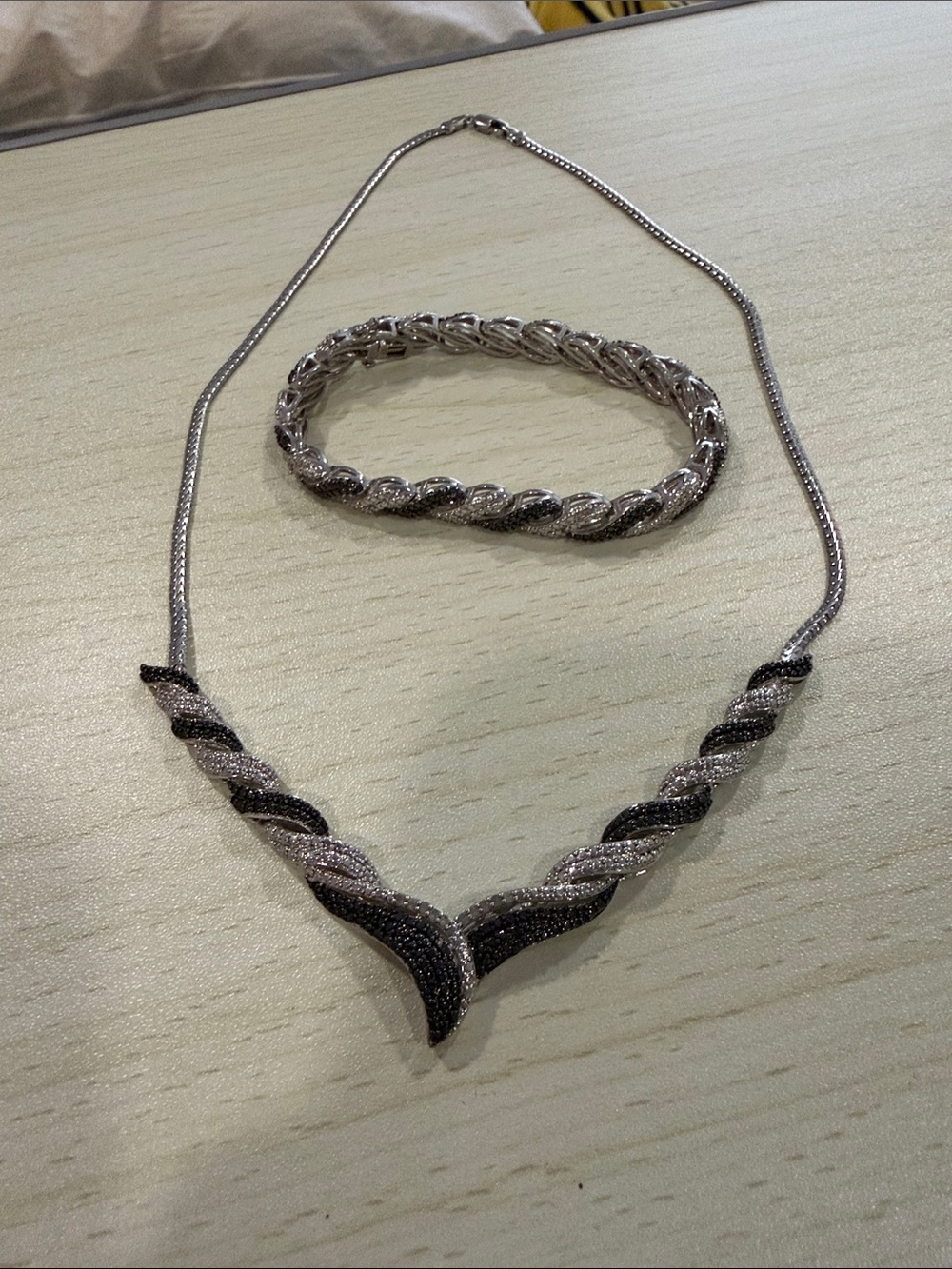 Silver-Tone Black & White Twisted Necklace and Bracelet Set